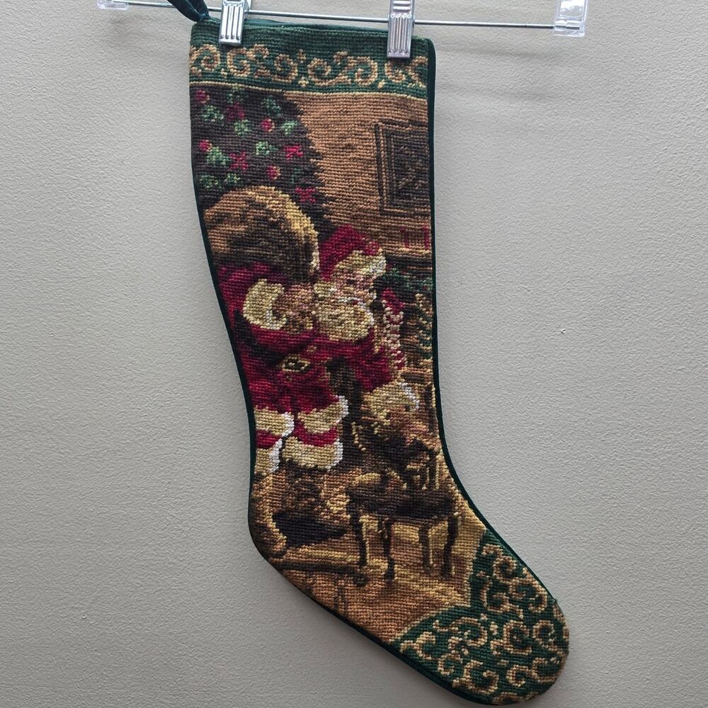 Vintage Handmade Wool Needlepoint Christmas Stocking Santa with Sack Velvet Back